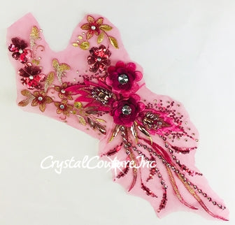 3D Fushia Floral Embroidered Applique With Gold Sequins and Beads