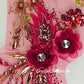 3D Fushia Floral Embroidered Applique With Gold Sequins and Beads