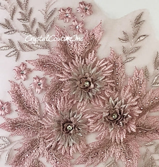 3D Vintage Pink/Rose Gold Floral Embroidered Applique