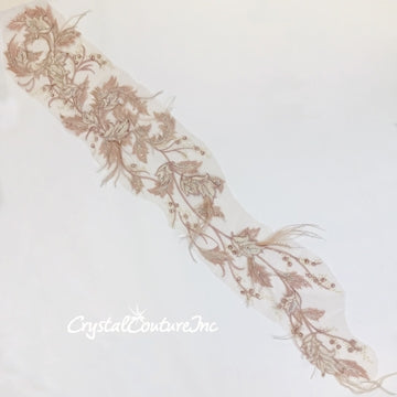 Large Vintage Pink/Ivory Floral Embroidered Applique with Feathers