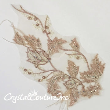 Vintage Pink/Ivory Floral Embroidered Applique with Feathers