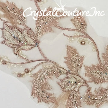 Vintage Pink/Ivory Floral Embroidered Applique with Feathers