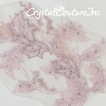 Lt Amethyst/Lt Pink Floral Embroidered Applique with Feathers