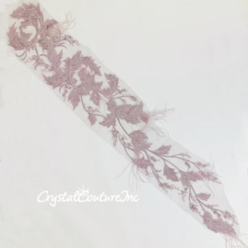 Large Dusty Purple Floral Embroidered Applique with Feathers