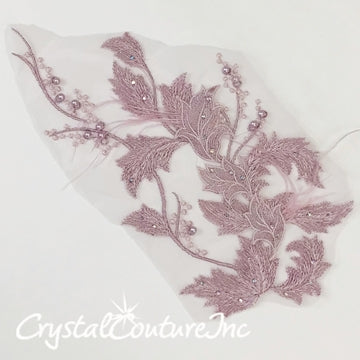 Dusty Purple Floral Embroidered Applique with Feathers