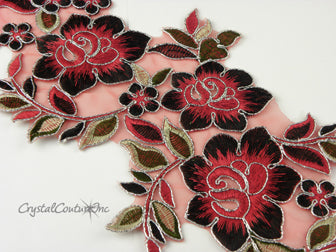 Red/Black/Silver Floral Lace Embroidered Applique
