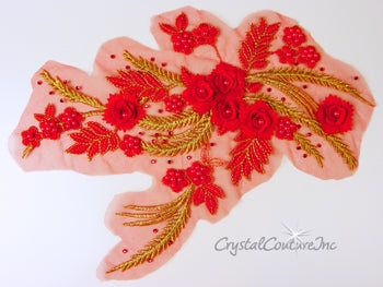Red/Gold 3D Floral Embroidered/Pearl Applique
