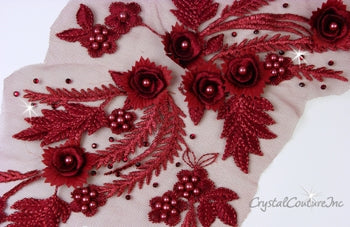 Burgundy 3D Floral Embroidered/Pearl Applique