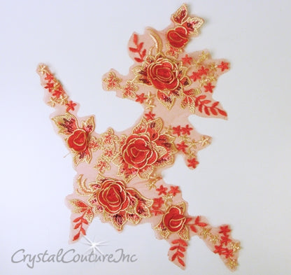 Red/Ivory(Soft Yellow) 3D Flower Embroidered Applique/Trim