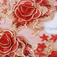 Red/Ivory(Soft Yellow) 3D Flower Embroidered Applique/Trim