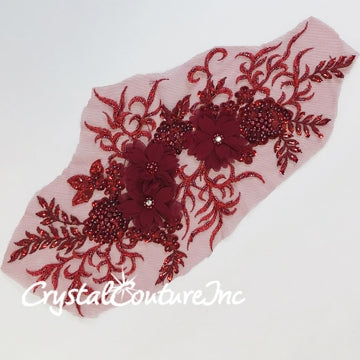Burgundy 3D Floral Embroidered Applique with Beads, Pearls and Sequins
