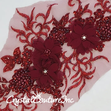 Burgundy 3D Floral Embroidered Applique with Beads, Pearls and Sequins