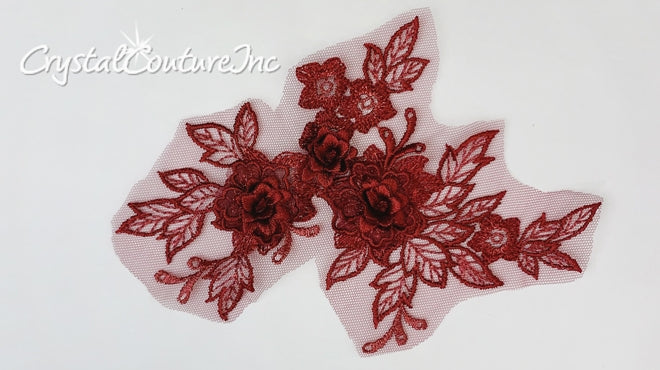3D Wine Small Floral Embroidered Applique