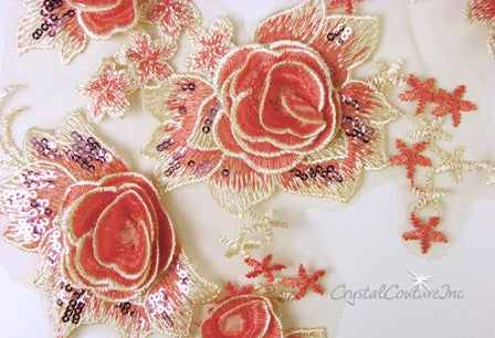 Soft Yellow/Coral 3D Flower Embroidered Applique/Trim