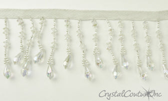 Crystal AB Pendant and Silver/Pearl Beaded Fringe Trim - per foot