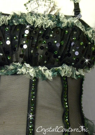Black & Green Corseted Leotard with Ruffled Skirt - Swarovski
