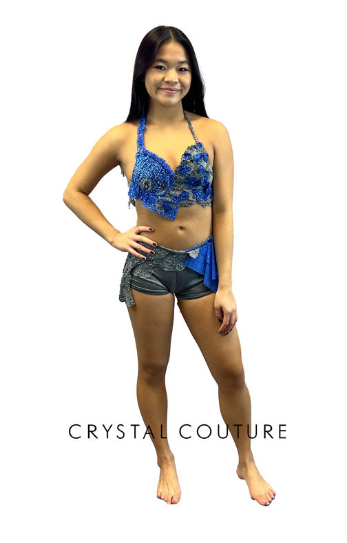 Gray and Royal Blue Bra-Top and Booty Shorts/Half Skirt - Swarovski Rh –  Crystal Couture
