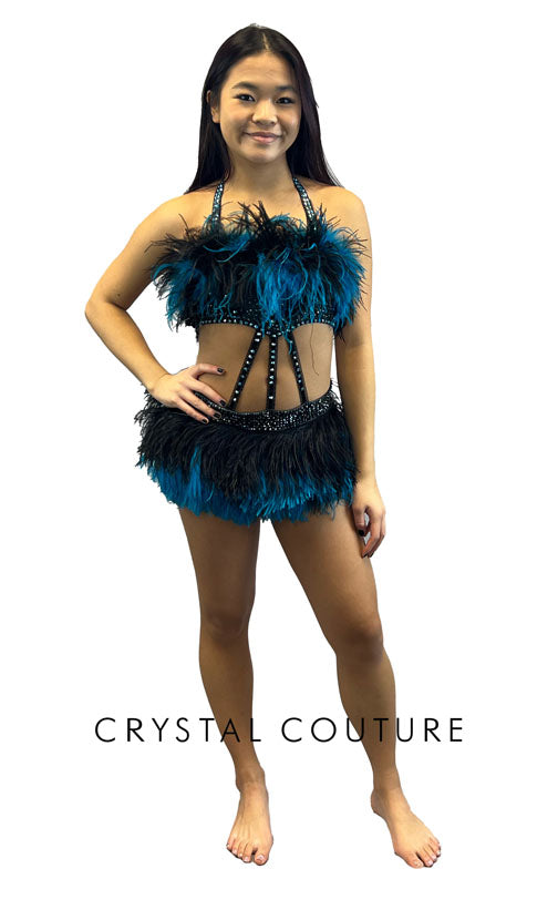 Black Pleather Connected 2 Pc Top and Trunk with Feathers - Swarovski Rhinestones