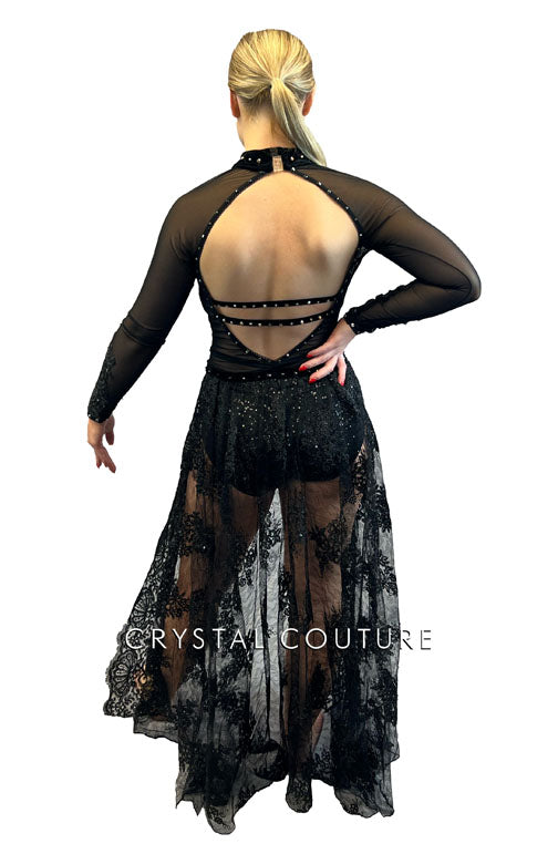 Black Connected 2Pc Bra-Top and Trunk/Embroidered Sheer Skirt - Swarovski Rhinestones