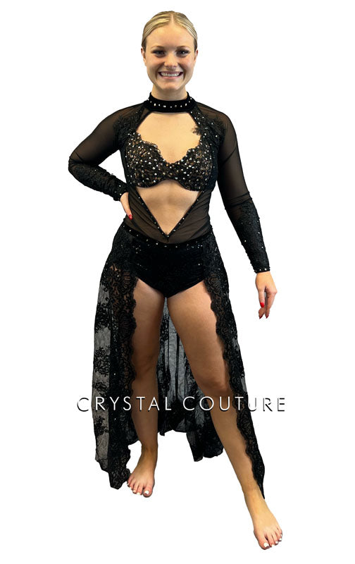 Black Connected 2Pc Bra-Top and Trunk/Embroidered Sheer Skirt - Swarovski Rhinestones