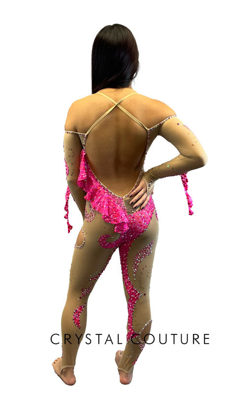 Nude Sheer Mesh with Hot Pink Unitard with Cut-Outs - Swarovski Rhinestones