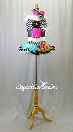 Black/White/Colorful Crop Top & Short Tutu Skirt w/ Trunks - Rhinestones