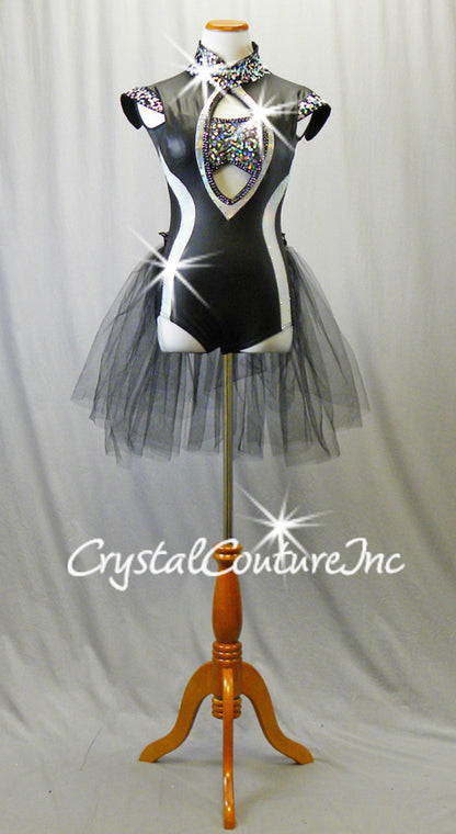 Black Leotard with Silver Sequins & Trim, and Black Net Back Skirt - Rhinestones