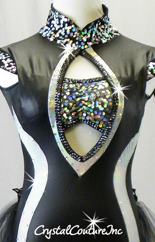 Black Leotard with Silver Sequins & Trim, and Black Net Back Skirt - Rhinestones