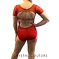 Custom Red Lycra & Open-Net Leotard -  Appliques & Swarovski Rhinestones