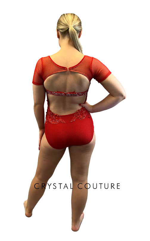 Custom Red Lycra & Open-Net Leotard -  Appliques & Swarovski Rhinestones