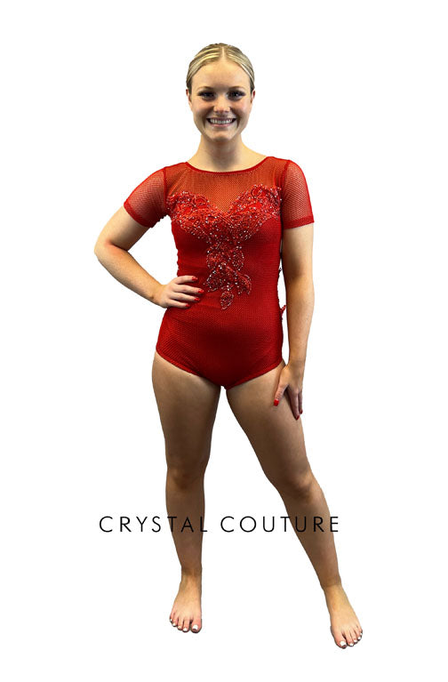 Red Lycra and Open-Net Leotard with Embroidered Appliques - Swarovski Rhinestones
