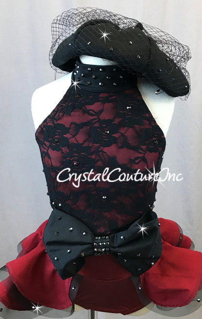Brick Red and Black Lace Leotard with Bow and Skirt - Rhinestones