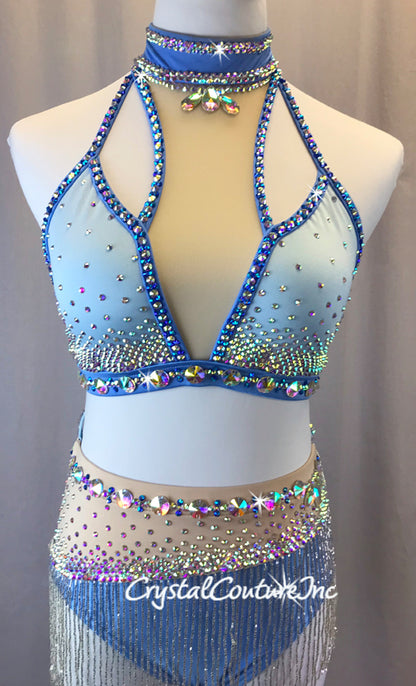 Blue Connected 2 Piece Mock-Neck Top and Trunk/Beaded Skirt - Swarovski Rhinestones