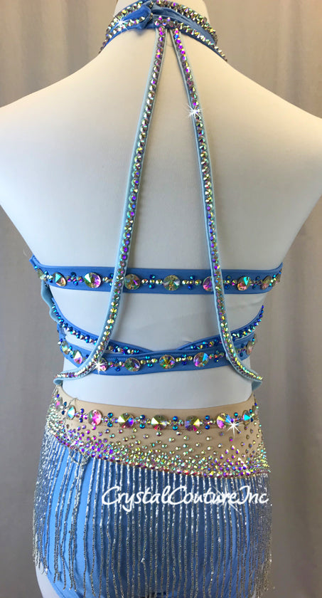 Blue Connected 2 Piece Mock-Neck Top and Trunk/Beaded Skirt - Swarovski Rhinestones