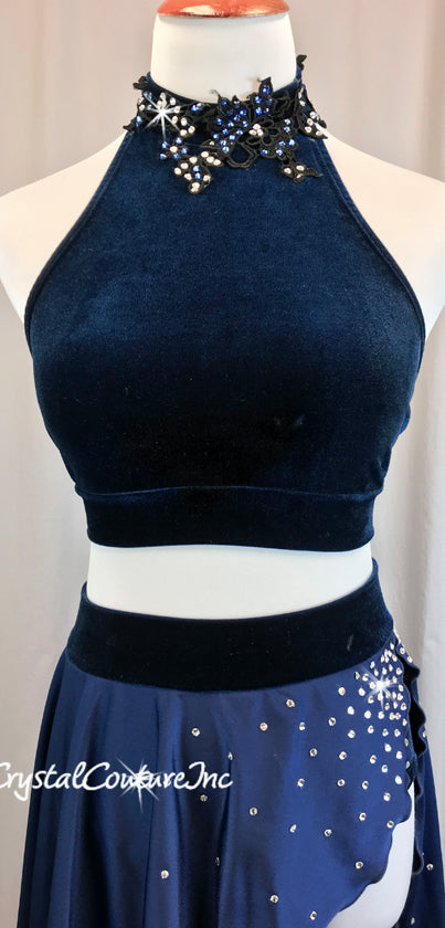Navy Blue Velour Halter Top and Trunk/Attached Asymmetrical Skirt - Rhinestones