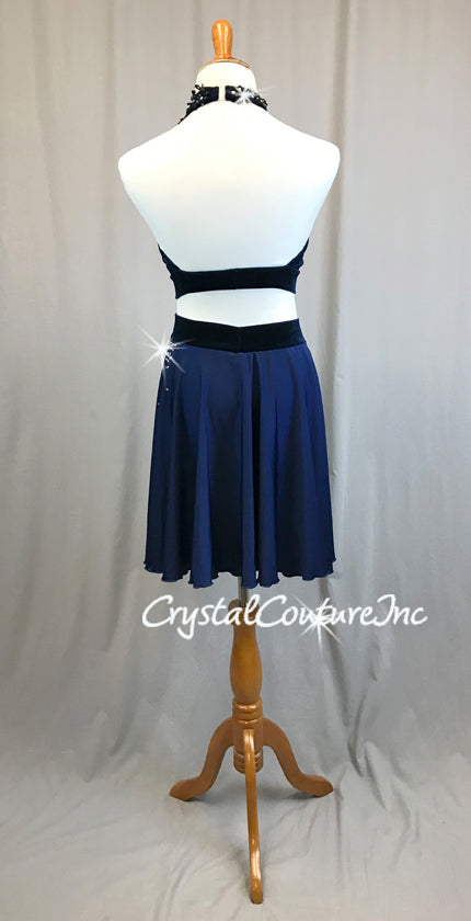 Navy Blue Velour Halter Top and Trunk/Attached Asymmetrical Skirt - Rhinestones