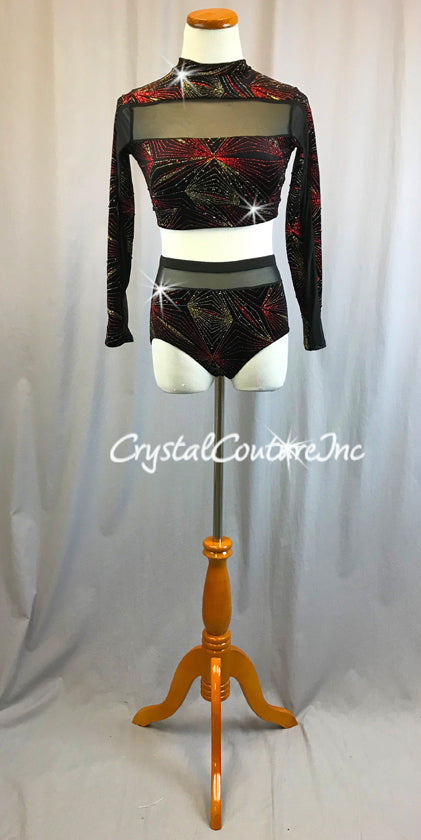 Black Velour Long Sleeve Top & Trunk with Mesh Insets - Red & Gold Glitter Design - Rhinestones