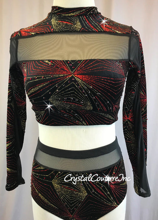 Black Velour Long Sleeve Top & Trunk with Mesh Insets - Red & Gold Glitter Design - Rhinestones