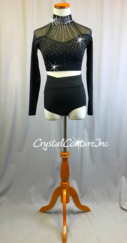 Black Lycra and Sheer Mesh Long Sleeve Top with High-Waist Trunk - Rhinestones