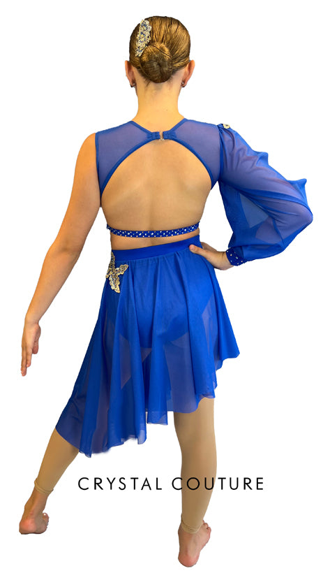 Royal Blue Lycra and Sheer Mesh Top and Trunk/Asymmetrical Skirt - Swarovski Rhinestones