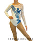 White Lycra and Lace L/S Leotard with Blue & Purple Appliques - Swarovski Rhinestones