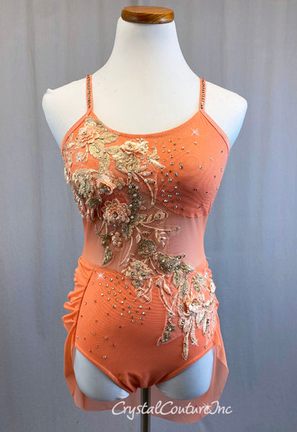Coral Halter Sheer Mesh Leotard w/ Back Skirt