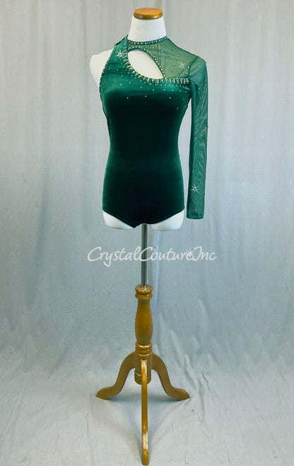 Dark Green One Sleeve Velour Leotard with Rhinestones