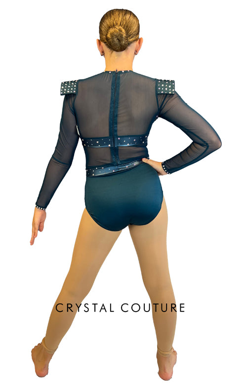 Dark Teal Long Sleeve Mesh Leotard - Rhinestones