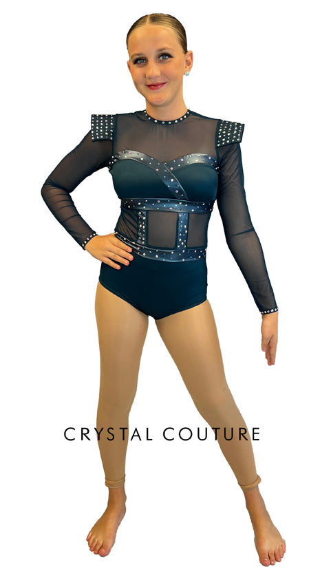 Dark Teal Long Sleeve Mesh Leotard - Rhinestones