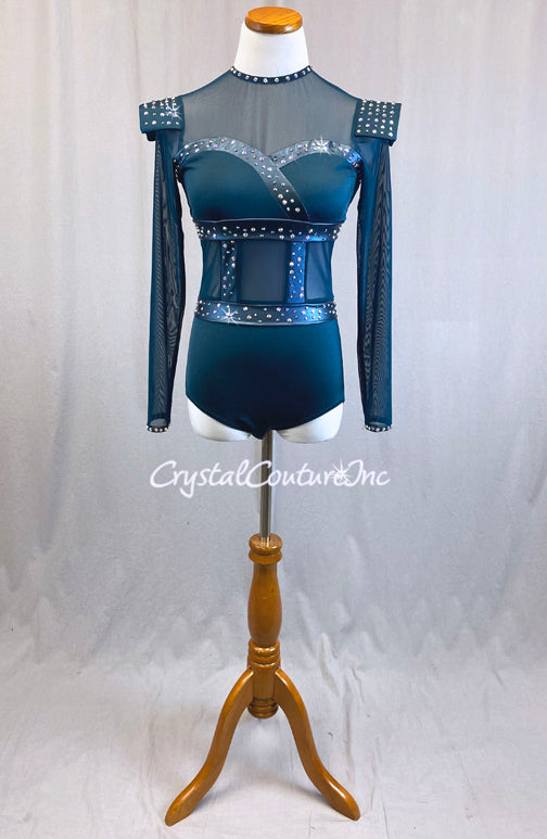 Dark Teal Long Sleeve Mesh Leotard - Rhinestones