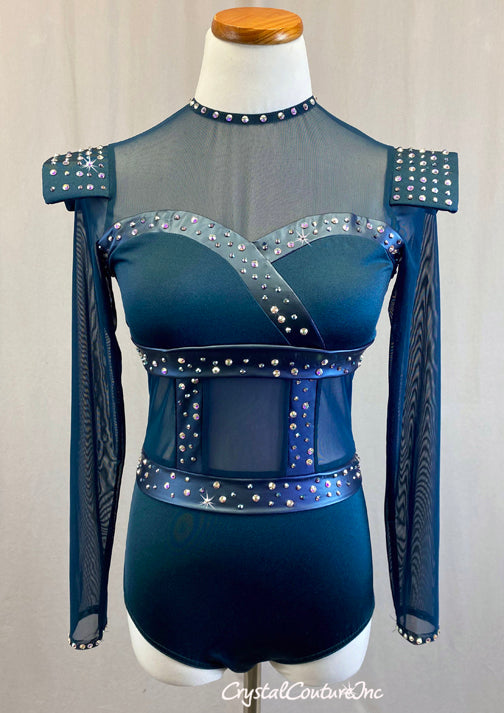 Dark Teal Long Sleeve Mesh Leotard - Rhinestones