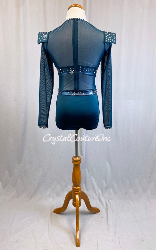 Dark Teal Long Sleeve Mesh Leotard - Rhinestones