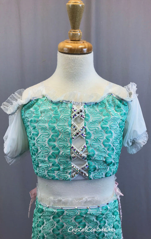 Mint, White, and Pastel Pink Two Piece with Lace and Rhinestones