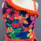 Multicolor and Neon Orange Hawaiian Style Bathing Suit Costume with Rhinestones